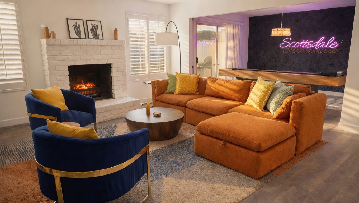 Scottsdale neon living room with fireplace and shuffleboard