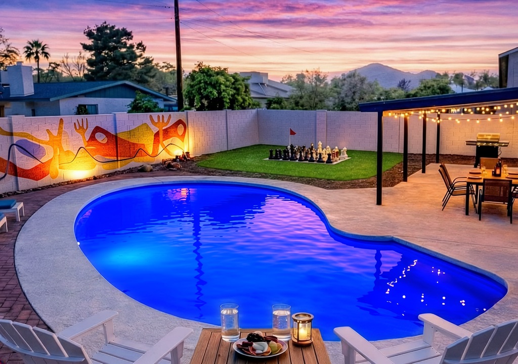 Twilight pool and private Scottsdale backyard
