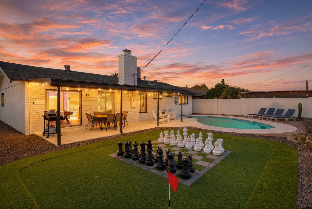 Backyard with pool, putting green, and giant chess